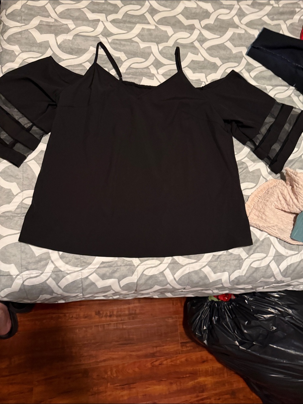 Women's Black Cold-Shoulder Blouse with Sheer Stripe Sleeves